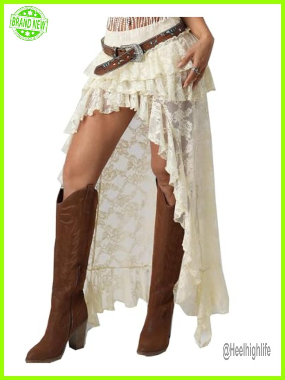 Women's Sheer Lace Maxi Skirt High Low Asymmetrical Ruffle Hem Elastic Waist